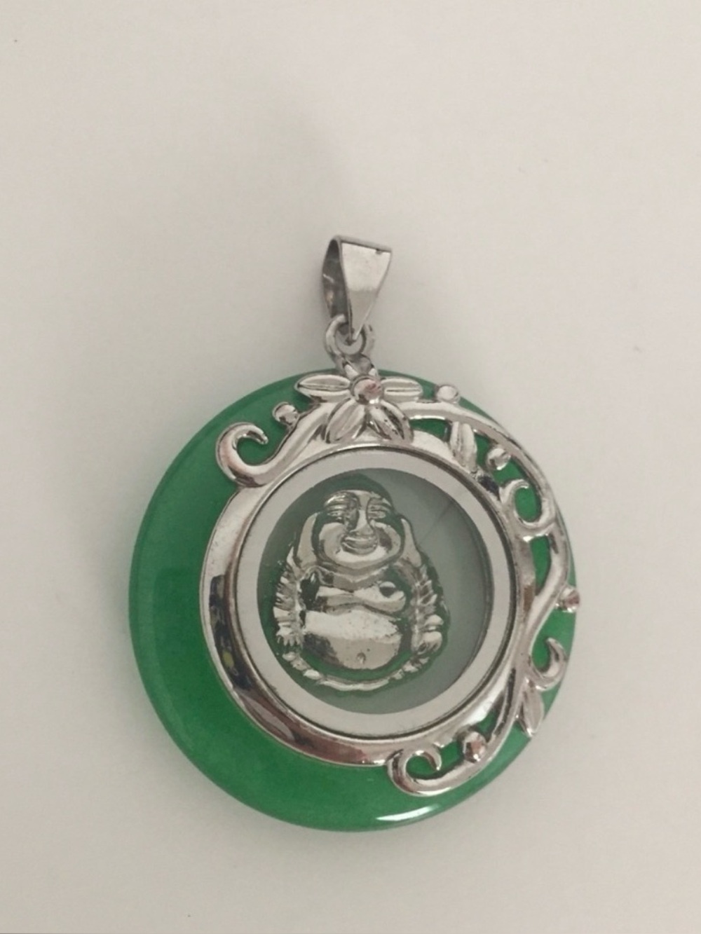 Silver Jade Like Disc Green Laughing Moving Buddha Pendant Women Necklace